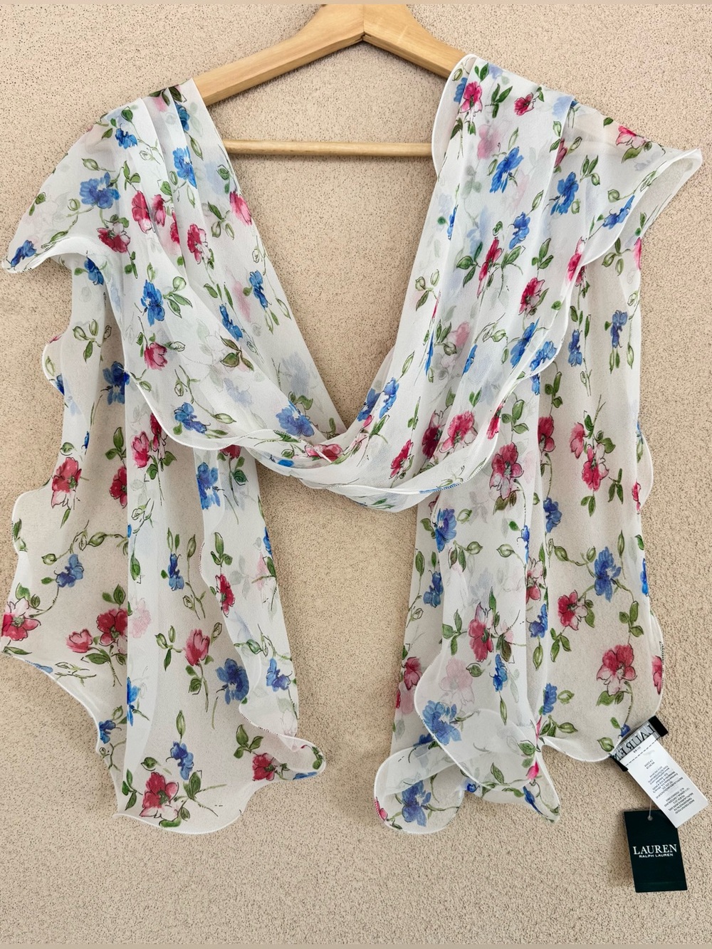 Lauren Ralph Lauren Romantic Floral Sheer Silk Scarf With Ruffle Hem NWT $68